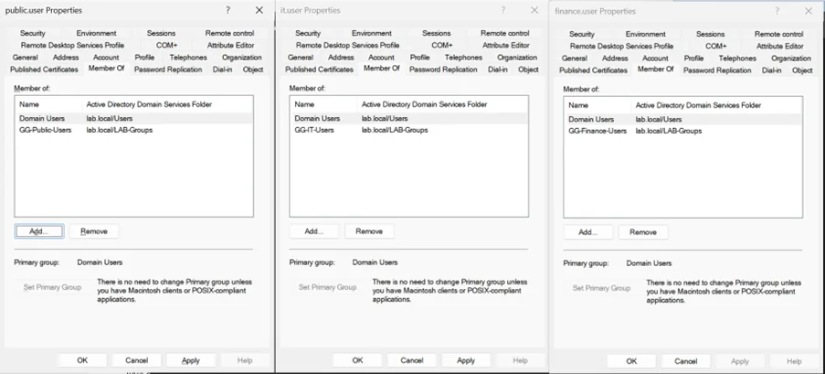User account group membership properties for public, IT, and finance users